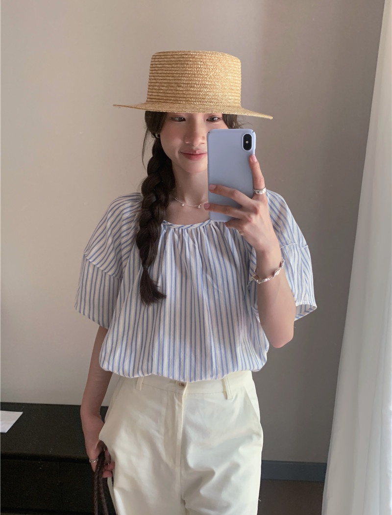 Pullover short sleeve Korean style stripe loose shirt