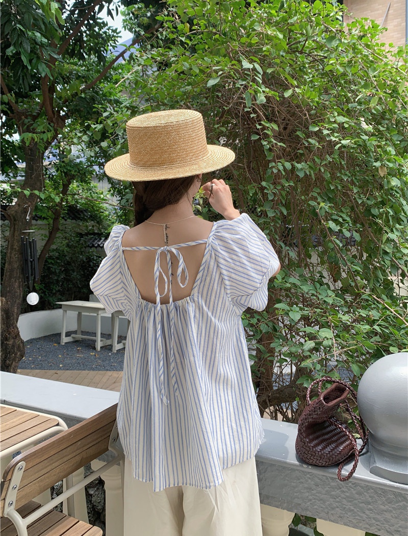 Pullover short sleeve Korean style stripe loose shirt