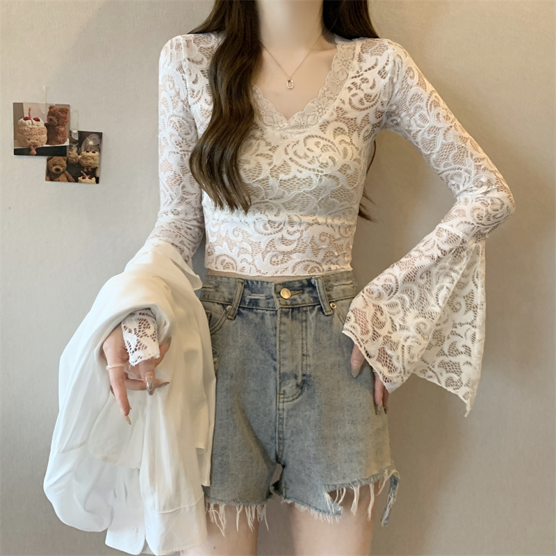 Long sleeve lace V-neck bottoming shirt