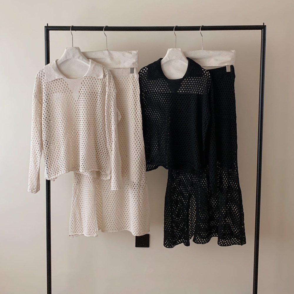 Mesh temperament skirt knitted hollow sweater a set