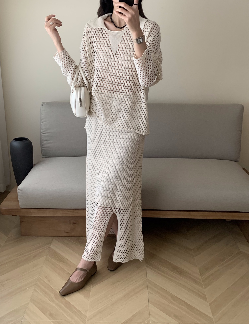 Mesh temperament skirt knitted hollow sweater a set