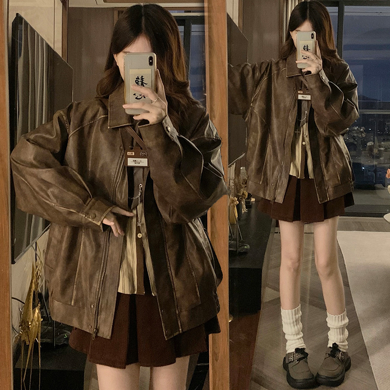 Locomotive jacket leather coat for women