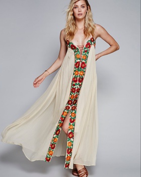 Vacation colorful sling long dress embroidery flowers dress