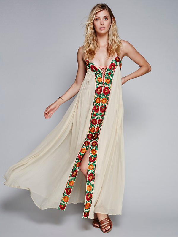 Vacation colorful sling long dress embroidery flowers dress