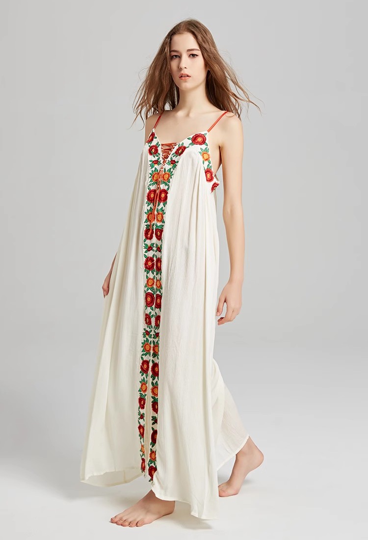 Vacation colorful sling long dress embroidery flowers dress