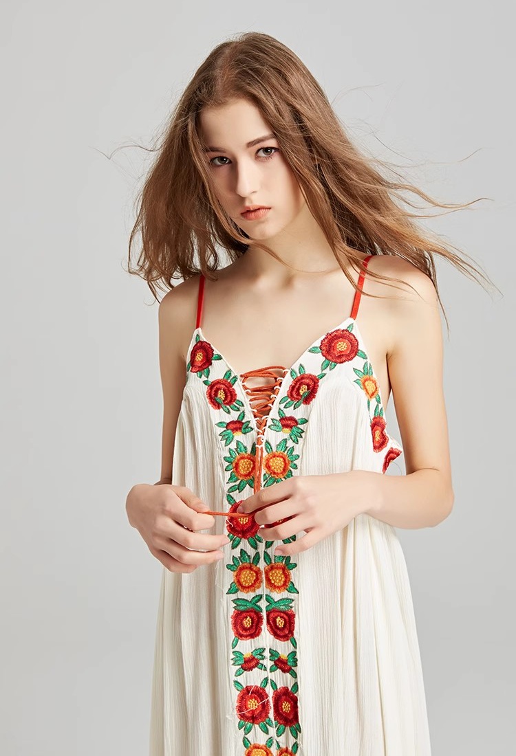 Vacation colorful sling long dress embroidery flowers dress