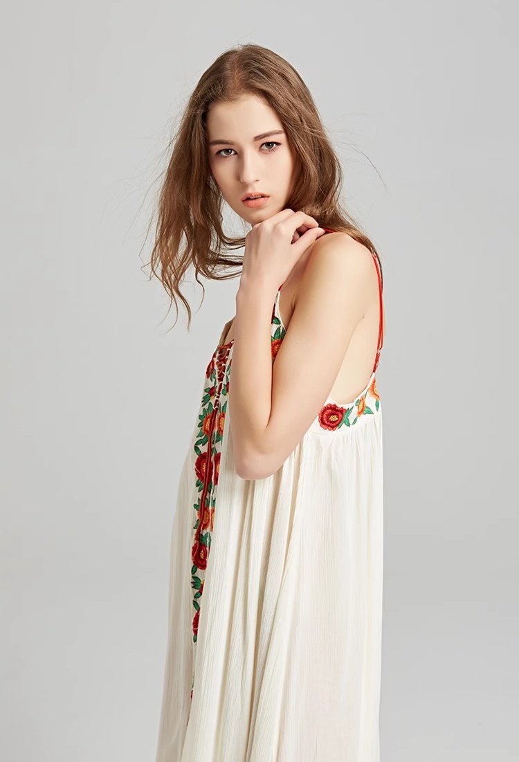 Vacation colorful sling long dress embroidery flowers dress