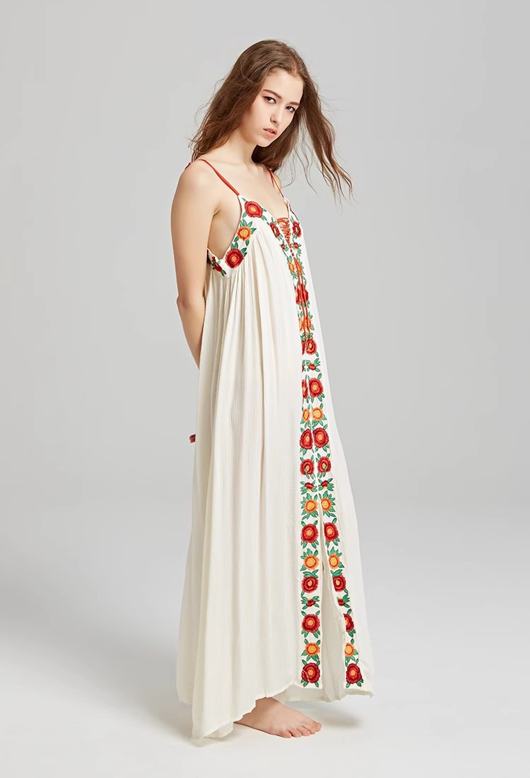 Vacation colorful sling long dress embroidery flowers dress