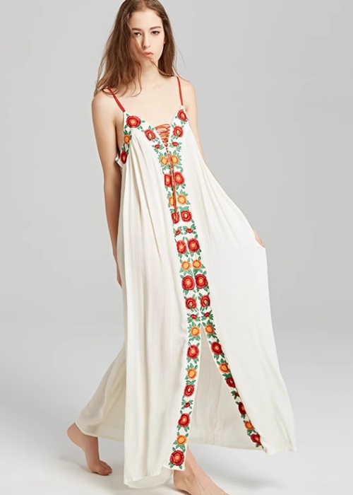 Vacation colorful sling long dress embroidery flowers dress