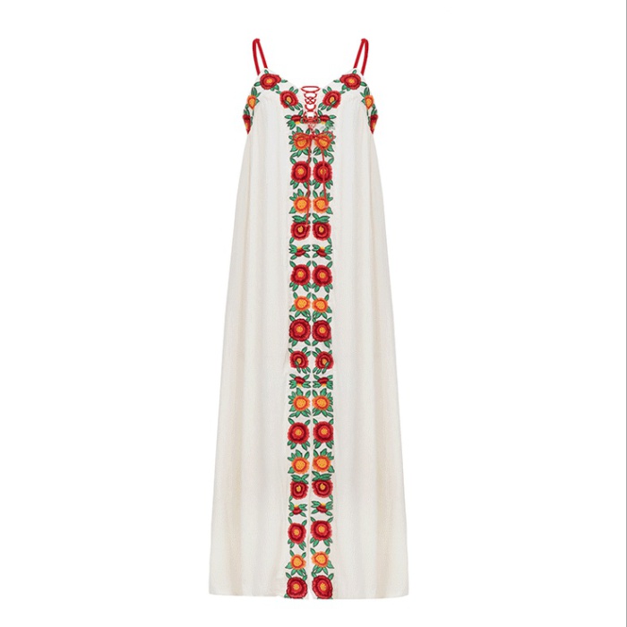 Vacation colorful sling long dress embroidery flowers dress