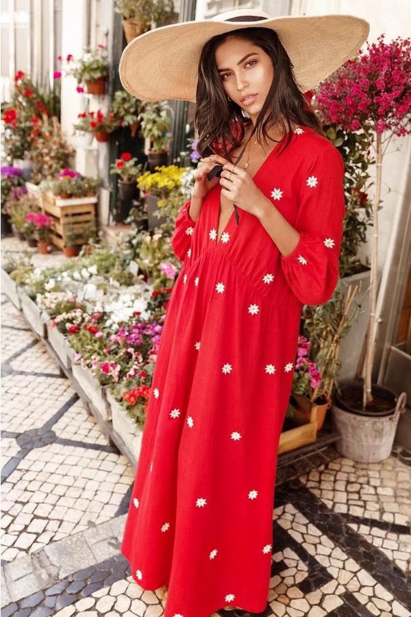 Red lined embroidery vacation dress