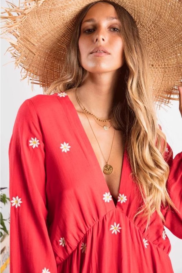 Red lined embroidery vacation dress