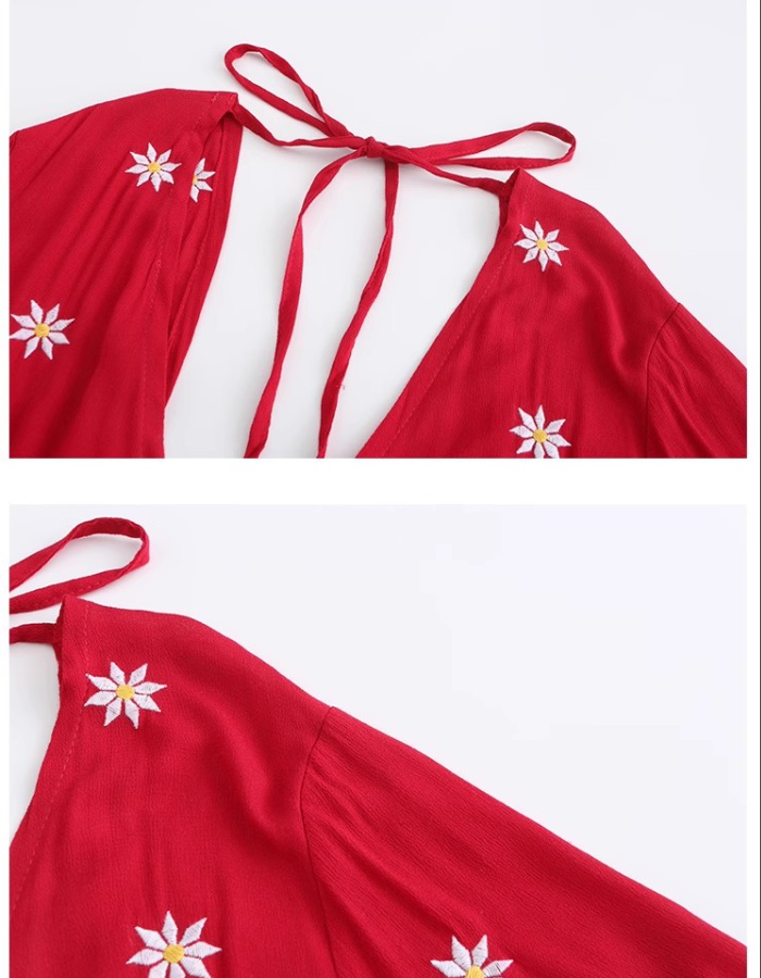 Red lined embroidery vacation dress