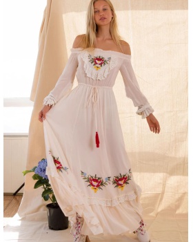 Embroidery strapless frenum long dress