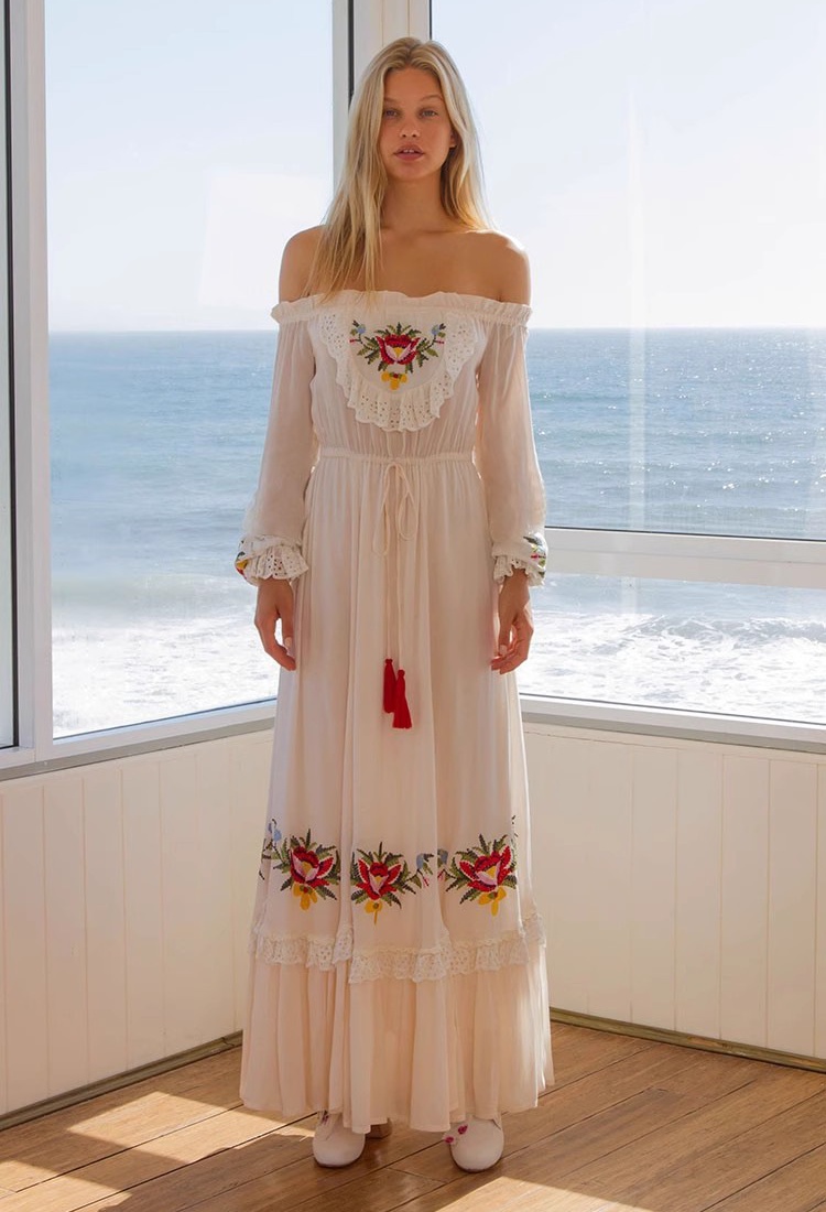 Embroidery strapless frenum long dress