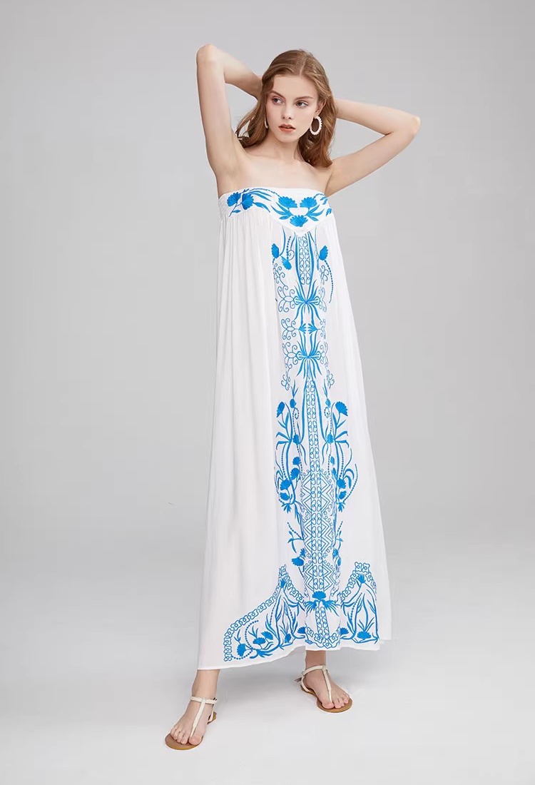 Wrapped chest long dress embroidery dress