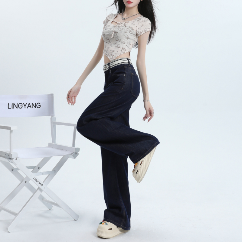 White waistband jeans splice wide leg pants for women