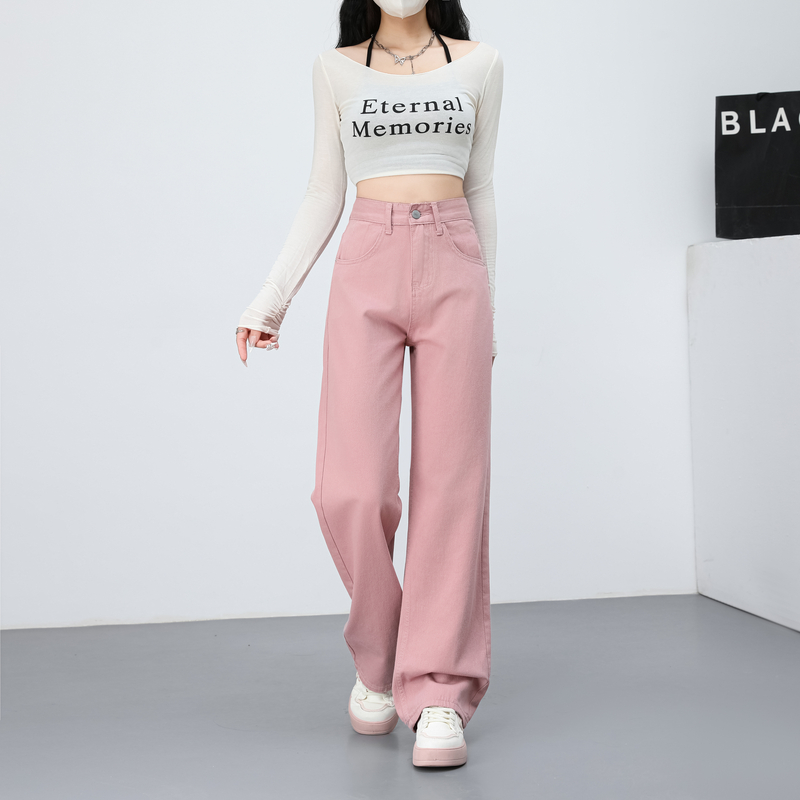 Mopping pink pants slim wide leg jeans for women