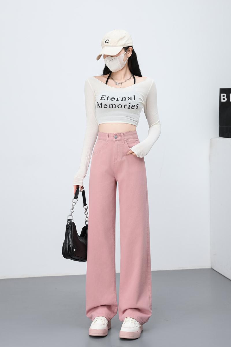 Mopping pink pants slim wide leg jeans for women