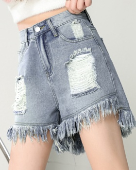 Slim burr holes shorts blue high waist A-line short jeans