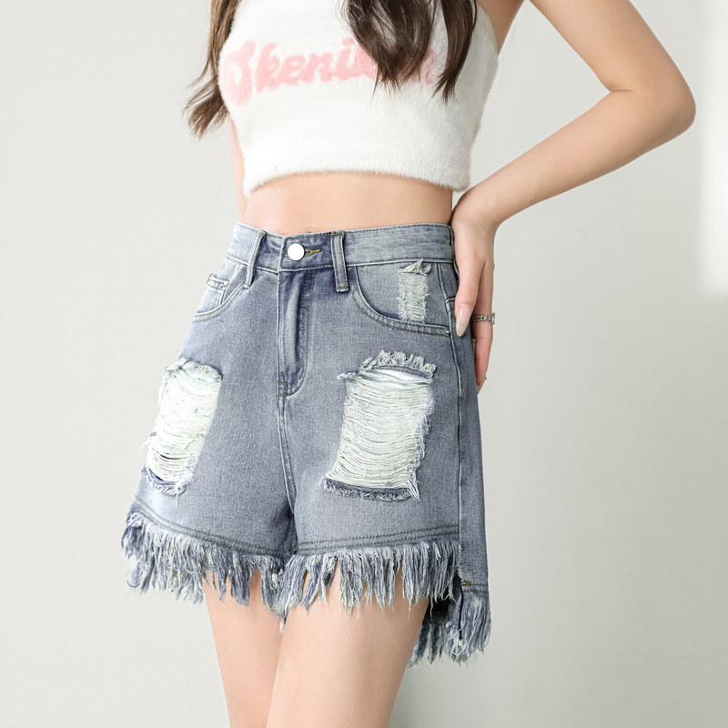 Slim burr holes shorts blue high waist A-line short jeans