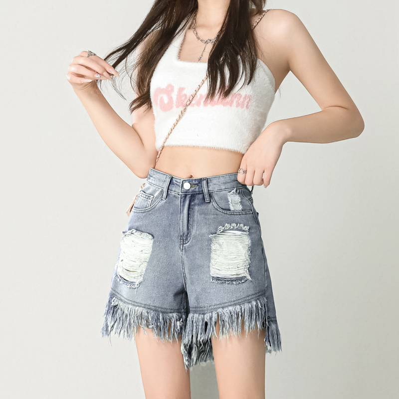 Slim burr holes shorts blue high waist A-line short jeans