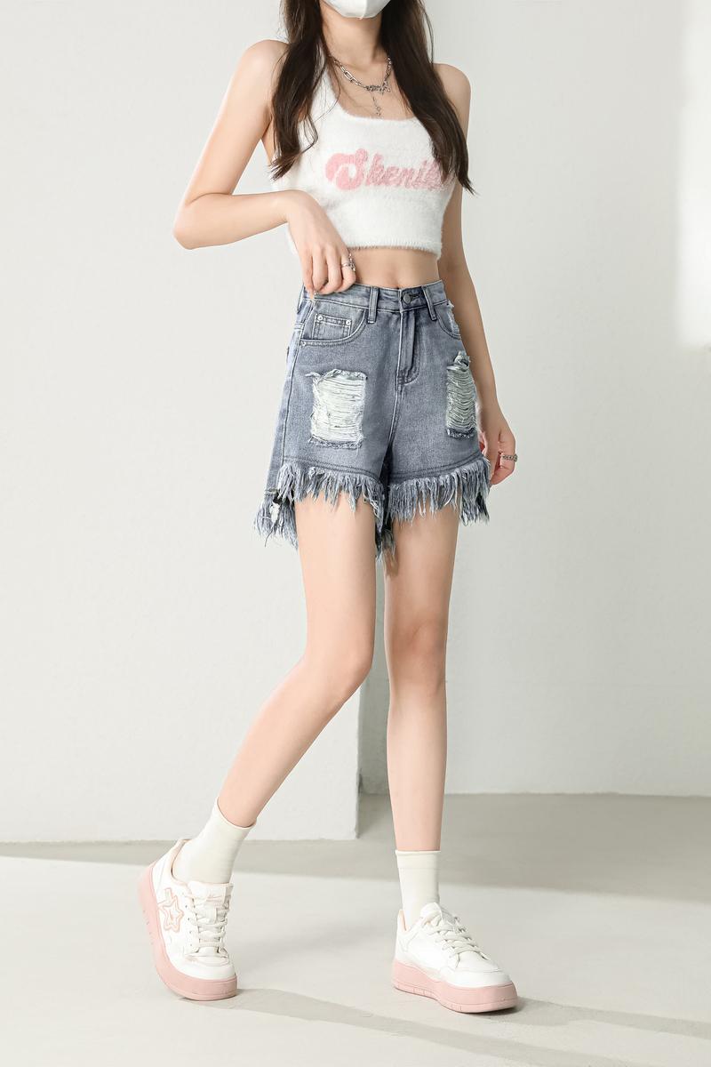 Slim burr holes shorts blue high waist A-line short jeans