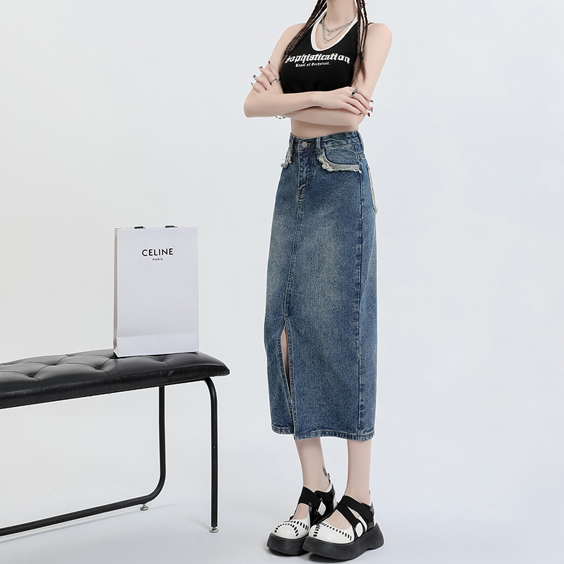 A-line long denim skirt slim small fellow skirt for women