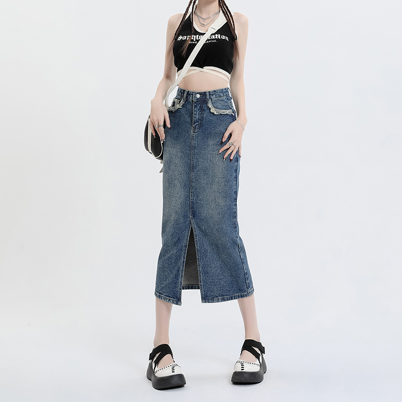 A-line long denim skirt slim small fellow skirt for women