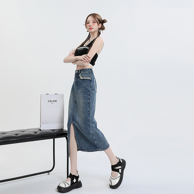 A-line long denim skirt slim small fellow skirt for women