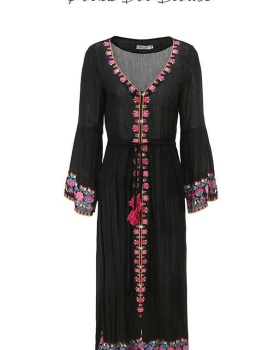 National style embroidery black frenum dress
