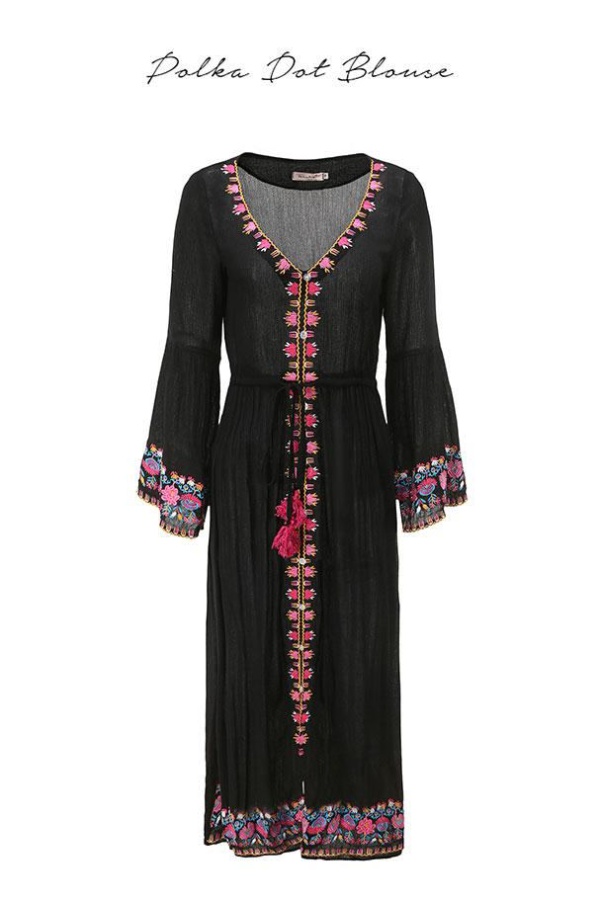 National style embroidery black frenum dress