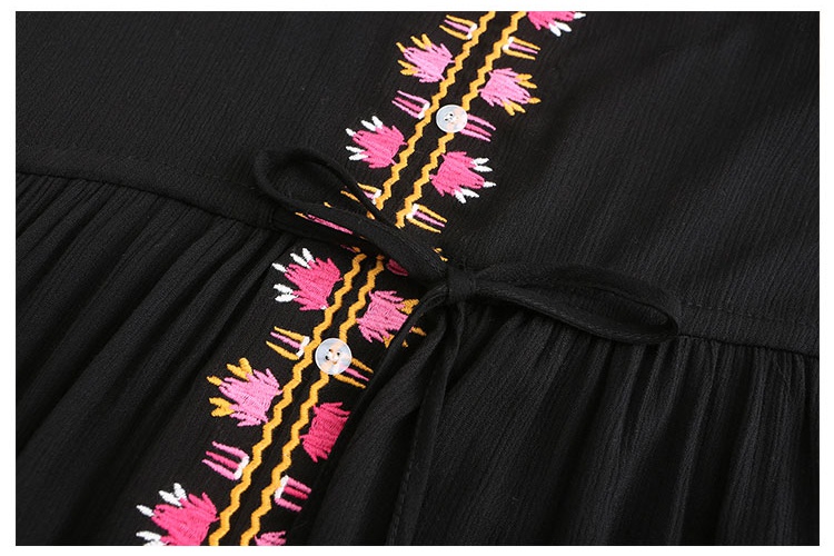 National style embroidery black frenum dress