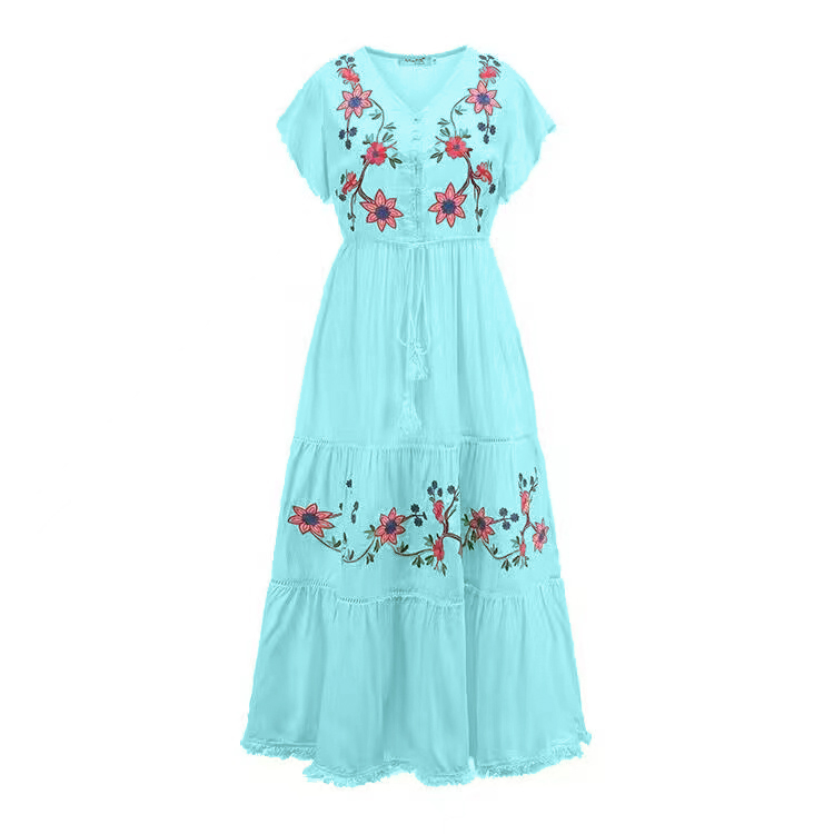 Embroidered flowers refinement vacation dress