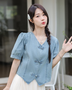 Bubble Chinese style tops denim shirt for women