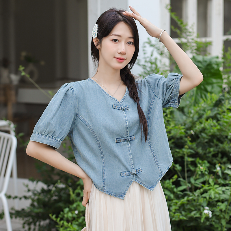 Bubble Chinese style tops denim shirt for women