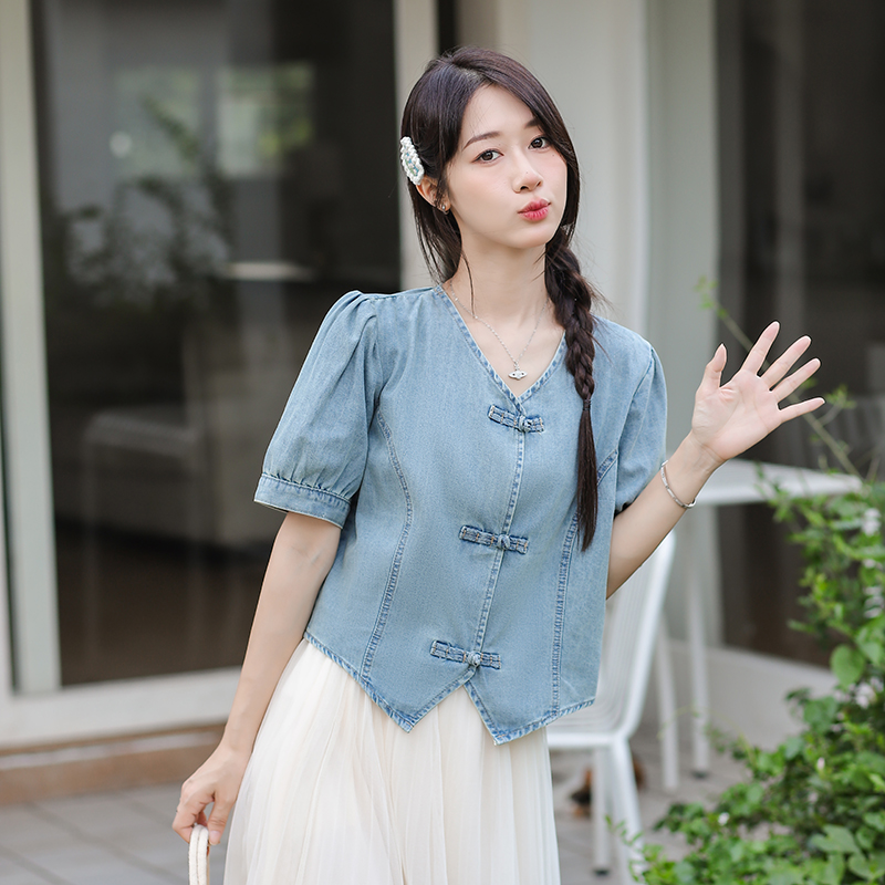 Bubble Chinese style tops denim shirt for women