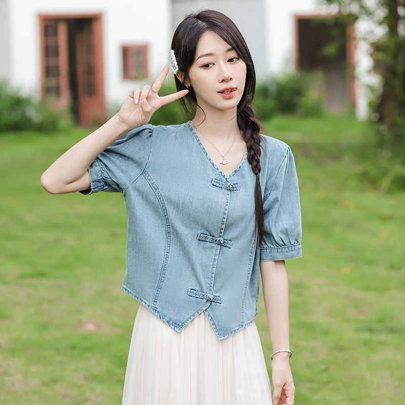 Bubble Chinese style tops denim shirt for women