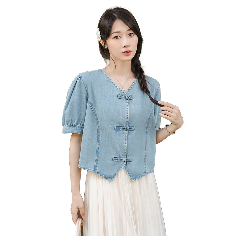 Bubble Chinese style tops denim shirt for women