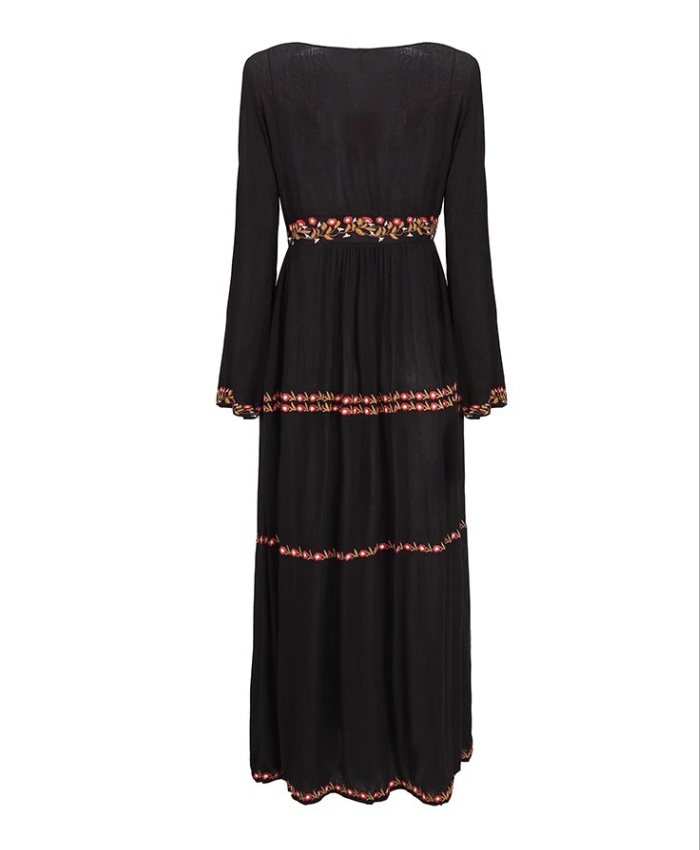 Flowers trumpet sleeves embroidery high waist dress