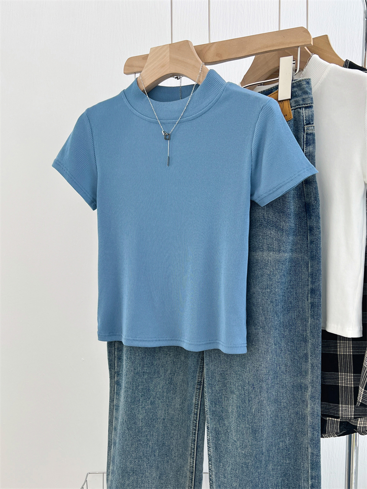 Half high collar short tops blue T-shirt for women