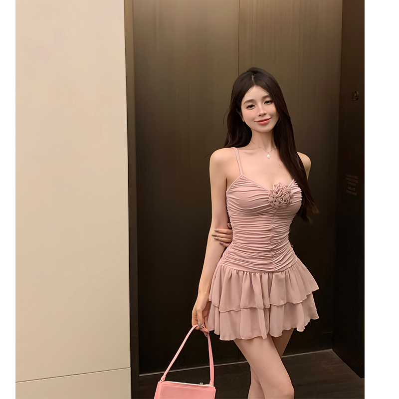 Pinched waist strap dress pink dress for women