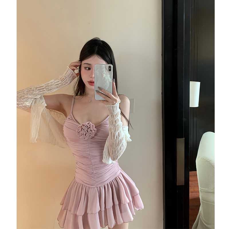 Pinched waist strap dress pink dress for women