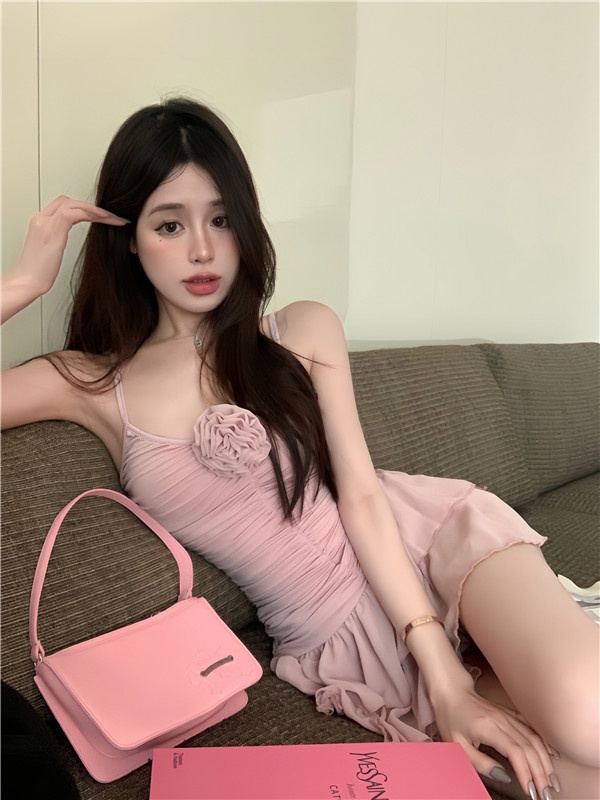 Pinched waist strap dress pink dress for women