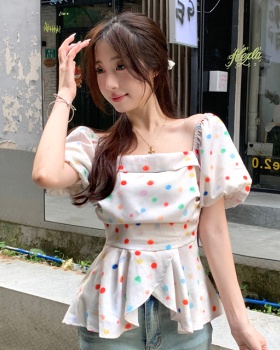 Polka dot flat shoulder small shirt slim summer T-shirt