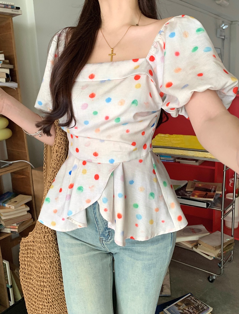 Polka dot flat shoulder small shirt slim summer T-shirt