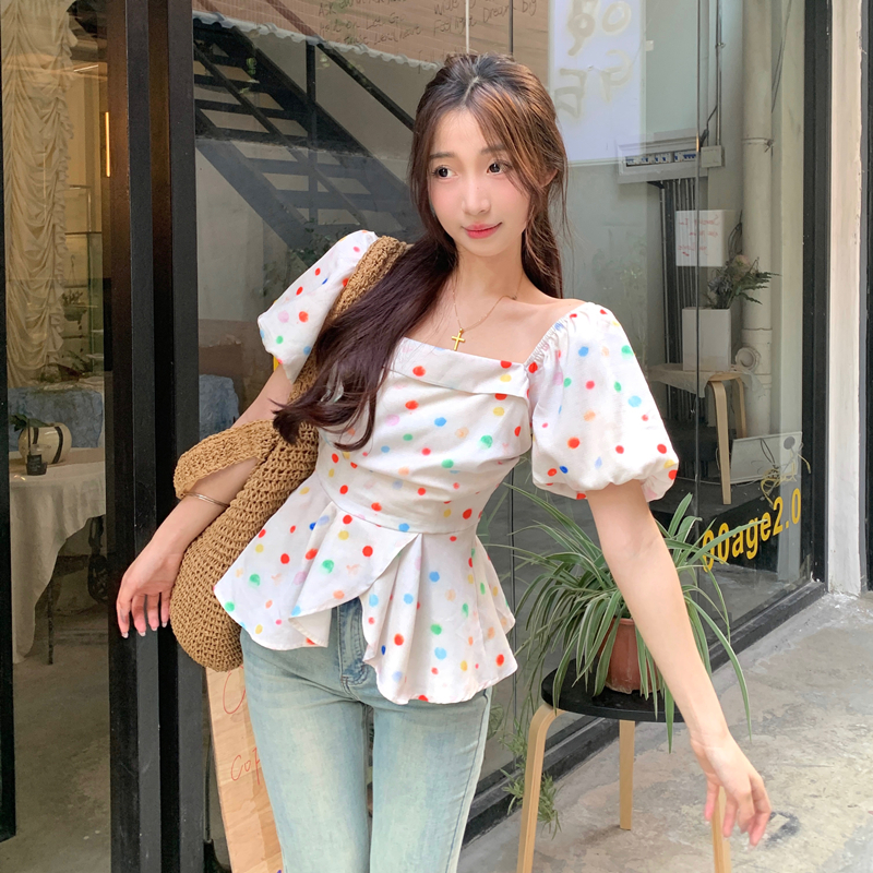 Polka dot flat shoulder small shirt slim summer T-shirt