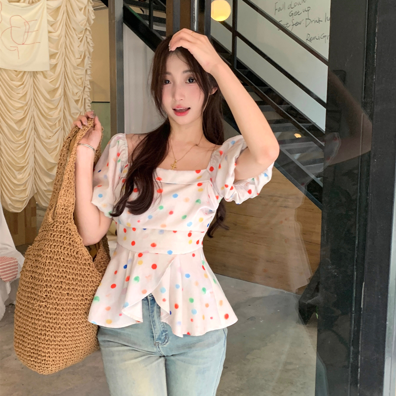 Polka dot flat shoulder small shirt slim summer T-shirt