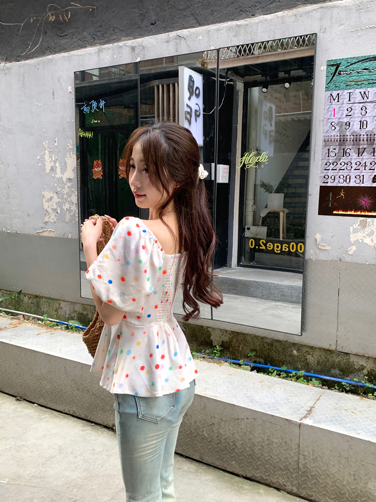 Polka dot flat shoulder small shirt slim summer T-shirt