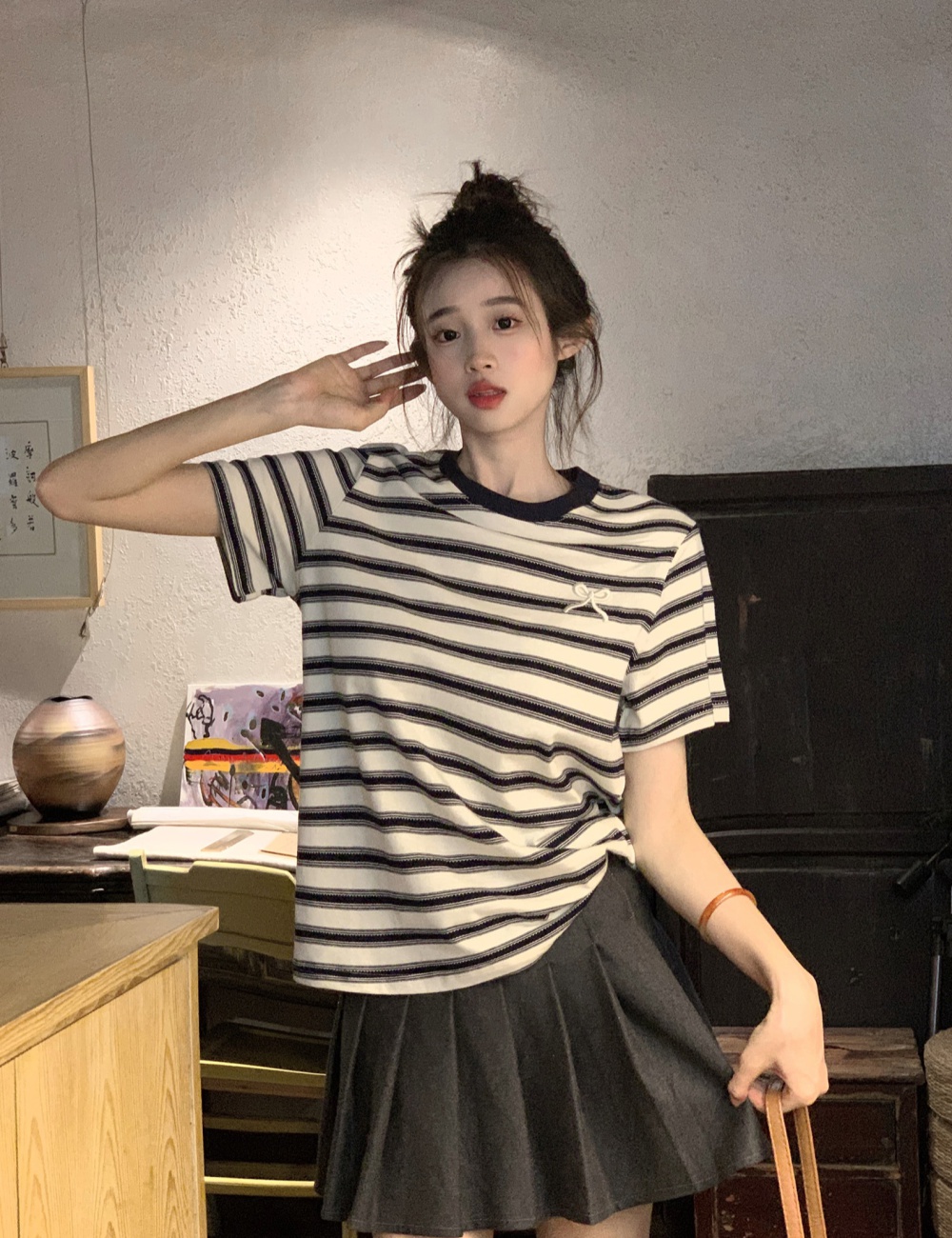 Stripe short sleeve tops Korean style T-shirt for women